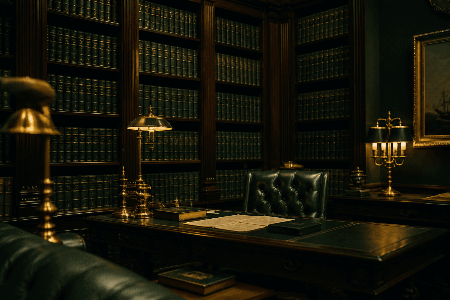A dark wood law library with leather-bound books and brass lamplight.